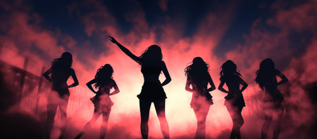 Silhouettes of sensually dancing girls, hands up, in a nightclub against the backdrop of a bright barの素材