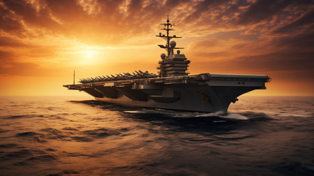 An aircraft carrier is on patrol in the sea, safeguarding global securityの素材