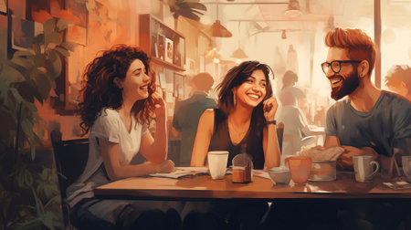 illustration of a hipster loft cafe, meeting of friendsの素材