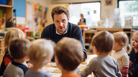 portrait of a kind male Montessori kindergarten teacher in a kindergarten with children, slight smile, candidの素材