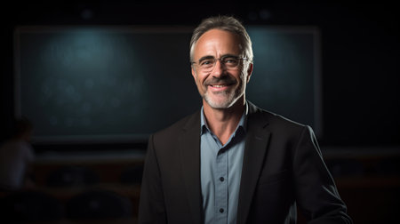 A professor stands in a university lecture hall, smiling in front of a blackboardの素材