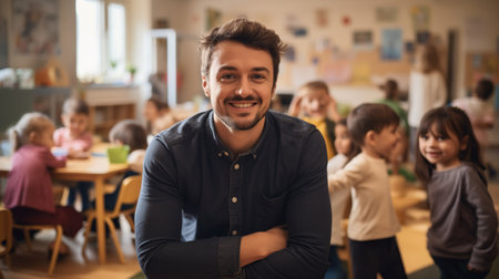 portrait of a kind male Montessori kindergarten teacher in a kindergarten with children, slight smile, candidの素材