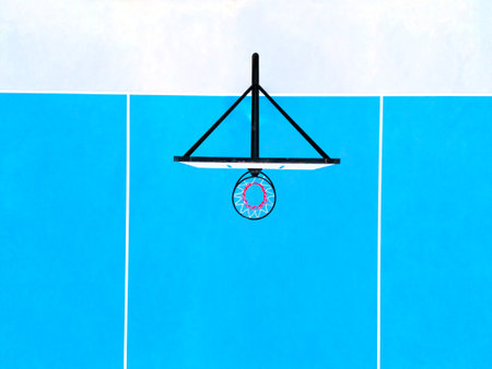 Aerial top down view of the deserted basketball bright courtの写真素材