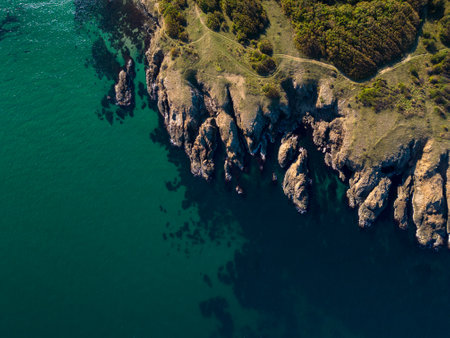 Aerial view of the rocky, wild coast of the Black Sea in Bulgaria, with cliffs, beaches, and green forestsの写真素材