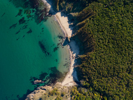 Aerial view of the rocky, wild coast of the Black Sea in Bulgaria, with cliffs, beaches, and green forestsの写真素材