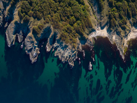 Aerial view of the rocky, wild coast of the Black Sea in Bulgaria, with cliffs, beaches, and green forestsの写真素材