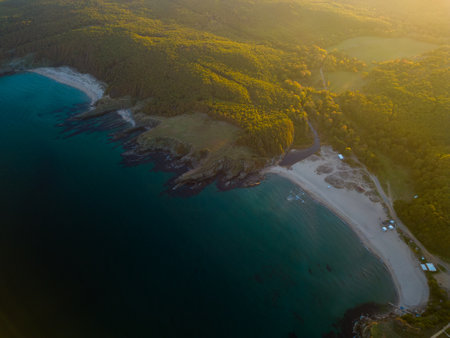 Aerial view of the rocky, wild coast of the Black Sea in Bulgaria, with cliffs, beaches, and green forestsの写真素材