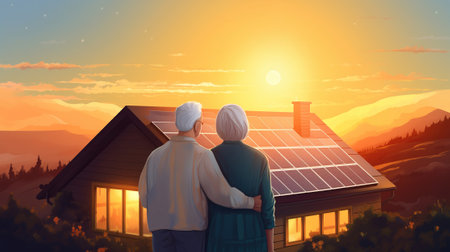 Smiling elderly couple standing in front of their cottage in the evening.の素材