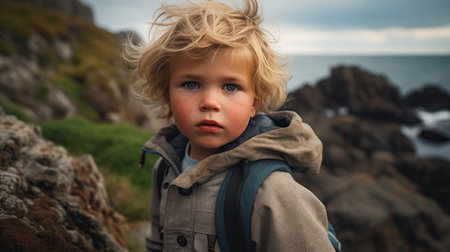 boy hiking along rocky sea coast at summer.の素材