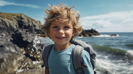 boy hiking along rocky sea coast at summer.の素材