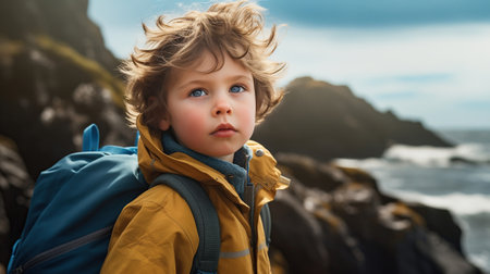 boy hiking along rocky sea coast at summer.の素材