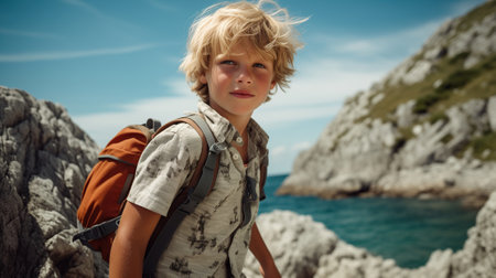 boy hiking along rocky sea coast at summer.の素材