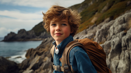 boy hiking along rocky sea coast at summer.の素材