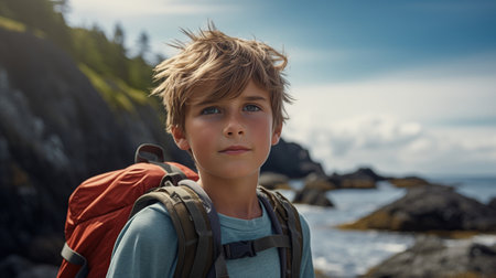 boy hiking along rocky sea coast at summer.の素材