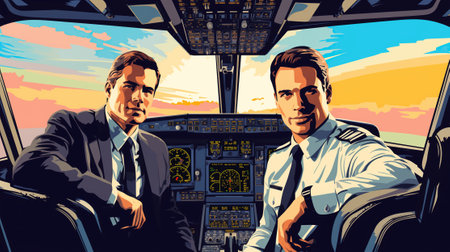 confident and handsome pilots in the cockpit of an airliner flying above the clouds.の素材