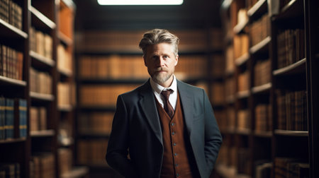A professor stands in a university library.の素材