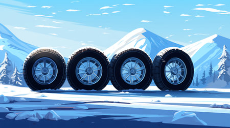 new four winter tires close up in amazing winter snow and ice epic landscape.の素材