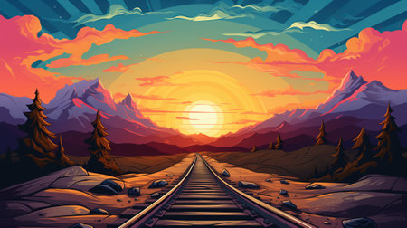 railway in amazing landscape with dramatic sky at sunset.の素材