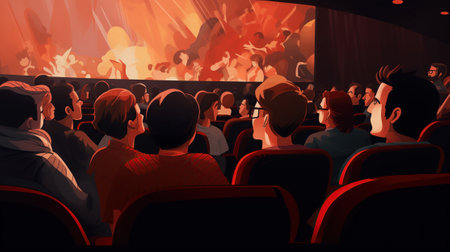 A large, cheering audience in a movie theater watches a heartwarming comedy.の素材