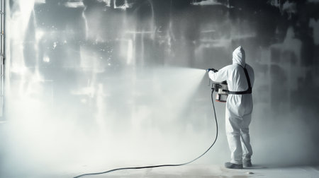 Worker painting wall with spray gun in white color.の素材
