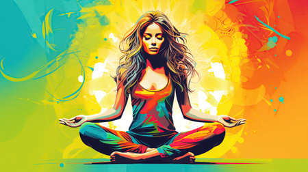 illustration depicts a serene young woman in a meditation pose, surrounded by nature-inspired elements, with soft colors and brushstrokes.の素材