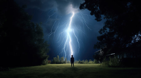 Lightning struck near a person during a severe thunderstorm in an open fieldの素材