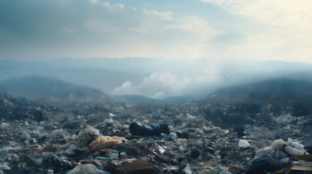 A huge garbage dump near a large city against the backdrop of a dramatic skyの素材
