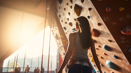 sporty woman in boulder climbing hallの素材