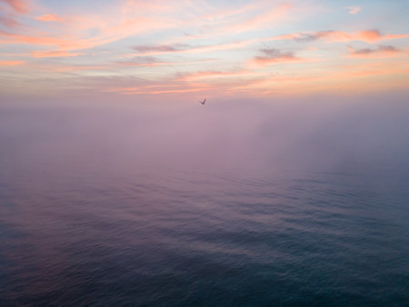 Aerial view of a sunrise sea with a blanket of morning fog and morning sunbeams shining throughの写真素材