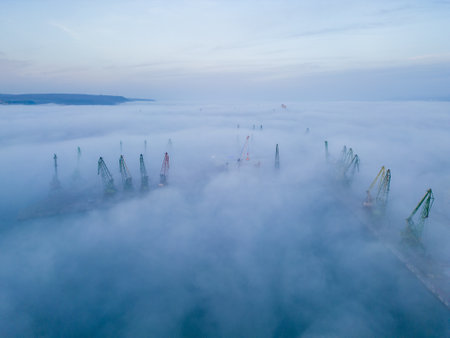 Aerial view of port cranes protruding through the morning fogの写真素材