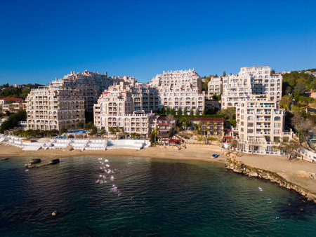 Aerial view of a luxurious modern seaside residential complexの写真素材