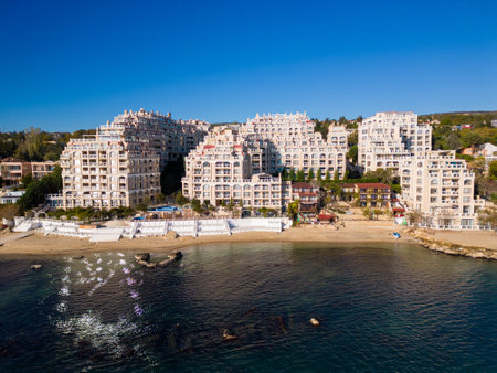 Aerial view of a luxurious modern seaside residential complexの写真素材