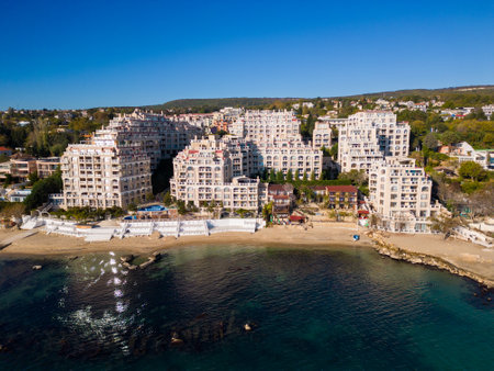 Aerial view of a luxurious modern seaside residential complexの写真素材