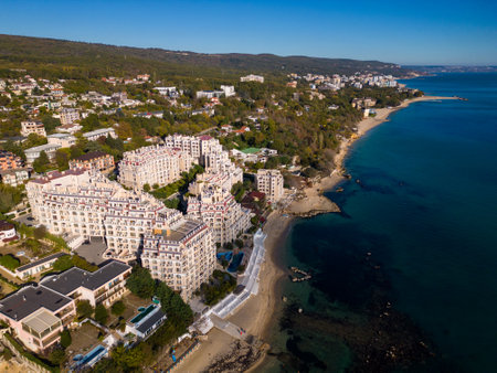 Aerial view of a luxurious modern seaside residential complexの写真素材