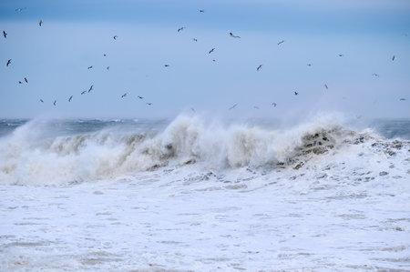 Raging huge waves during an incredibly powerful storm in the Black Seaの写真素材