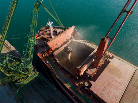 Aerial view of big cargo ship bulk carrier is loaded with grain of wheat in port at sunset.の写真素材