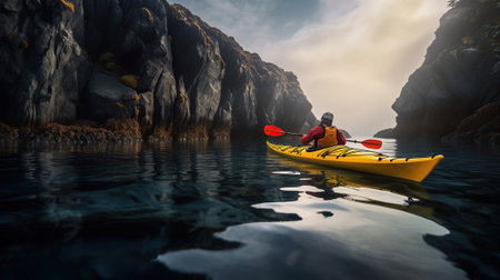 A man embarks on a sea kayaking expedition.の素材