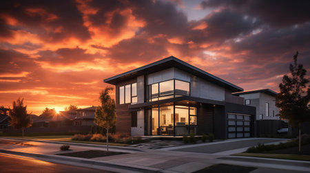 modern villa at sunrise or sunset. The villa features sleek and contemporary architecture, and the evening setting offers a tranquil ambiance.の素材