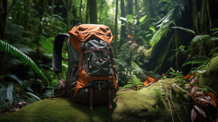 expedition backpack stands in exotic jungle forestの素材