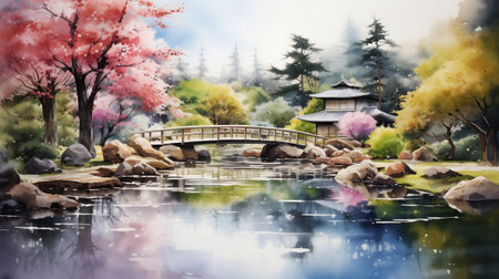 beautiful japanese garden, summer time. watercolor illustration.の素材
