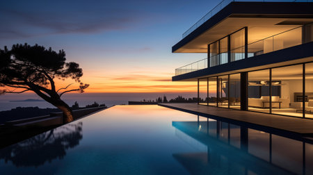 modern villa at sunrise or sunset. The villa features sleek and contemporary architecture, and the evening setting offers a tranquil ambiance.の素材