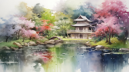 beautiful japanese garden, summer time. watercolor illustration.の素材