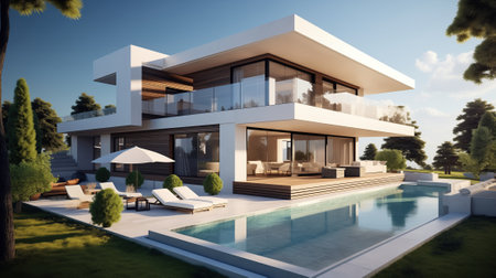modern villa at sunny day. The villa features sleek and contemporary architecture, and the evening setting offers a tranquil ambiance.の素材