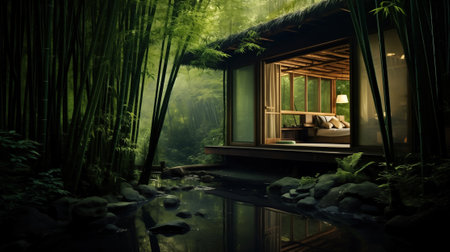 modern villa in deep bamboo forest at night. The villa features sleek and contemporary architecture, and the evening setting offers a tranquil ambiance.の素材