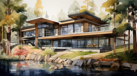 modern villa in deep forest at night. The villa features sleek and contemporary architecture, and the evening setting offers a tranquil ambiance.の素材