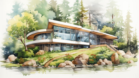 modern villa in deep forest at night. The villa features sleek and contemporary architecture, and the evening setting offers a tranquil ambiance.の素材