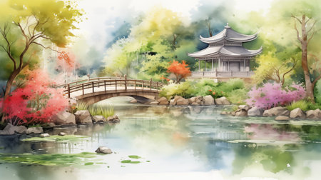 beautiful japanese garden, summer time. watercolor illustration.の素材