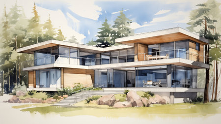 modern villa at sunny day. The villa features sleek and contemporary architecture, and the evening setting offers a tranquil ambiance.の素材