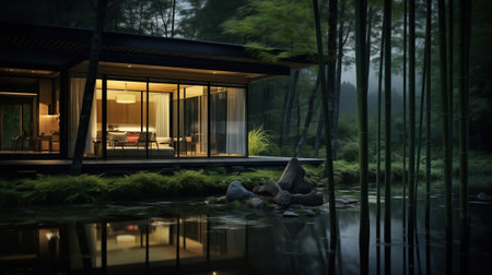 modern villa in deep bamboo forest at night. The villa features sleek and contemporary architecture, and the evening setting offers a tranquil ambiance.の素材