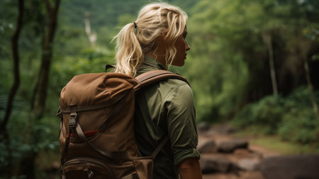 A very beautiful, sensual, blond 24-year-old woman against a jungle background, with backpack, back view.の素材